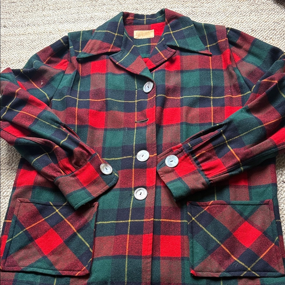 Pendleton Red and Green Plaid Pea Coat